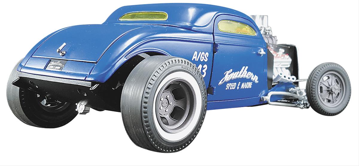 A 1/18 scale model of 1934 blown altered coupe in blue with "Southern Speed & Marine" on the side.