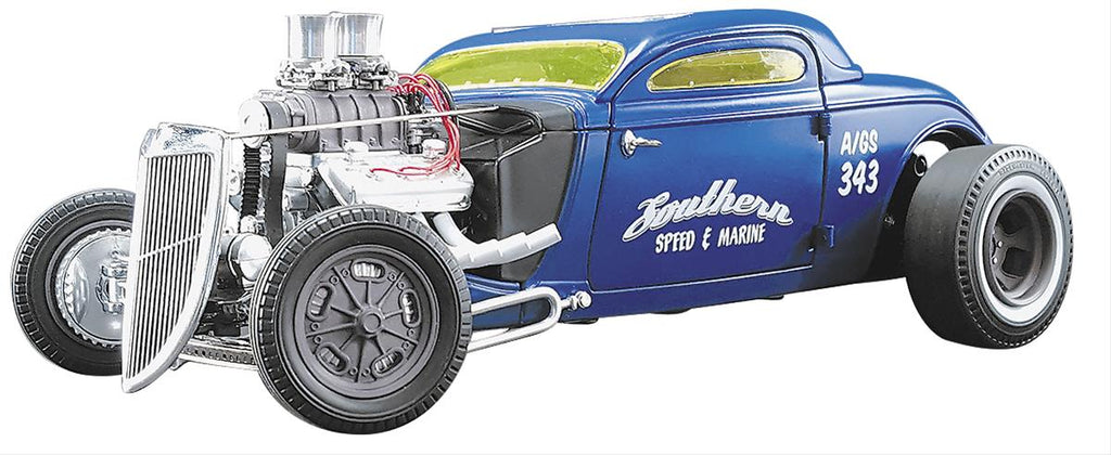 A 1/18 scale model of 1934 blown altered coupe in blue with "Southern Speed & Marine" on the side.