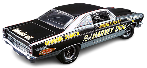 1/18 scale diecast model of a 1967 Ford Fairlane called the Georgia Shaker.  Car has various words written in yellow on the sides.