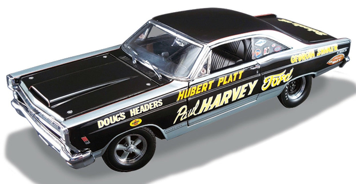 1/18 scale diecast model of a 1967 Ford Fairlane called the Georgia Shaker.  Car has various words written in yellow on the sides.