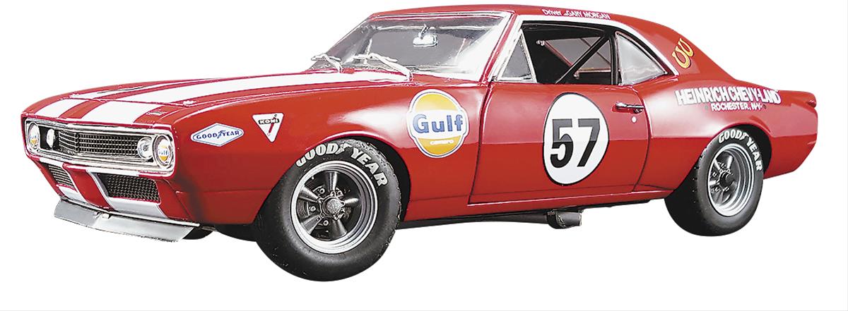1/18 scale diecast model car of 1967 Chevy Camaro with the number 57 on the door and other racing graphics on the sides.