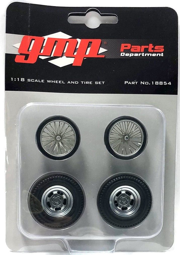 Set of 4 1/18 scale Vintage Dragster Wheels & Tires in package.