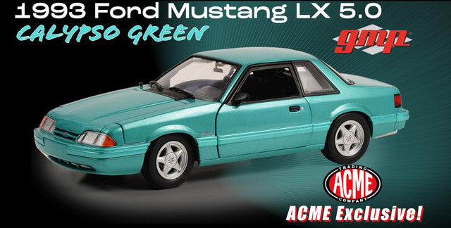 Box art for 1/18 scale model of a 1993 Ford Mustang LX 5.0 in Calypso Green.