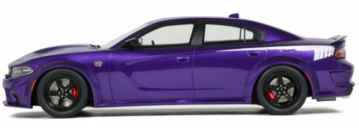 A 1/18 scale model of a 2023 Dodge Charger Super Bee in purple color.