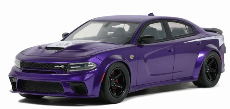 A 1/18 scale model of a 2023 Dodge Charger Super Bee in purple color.