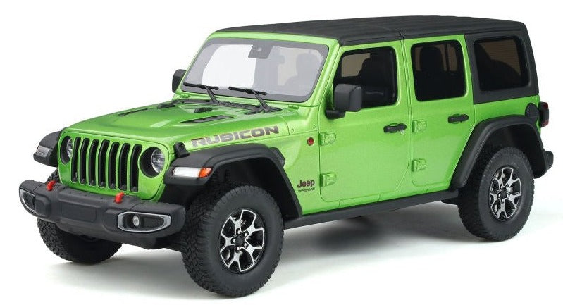 A scale model of a 4 door Jeep Wrangler Rubicon in green with a black hard roof.