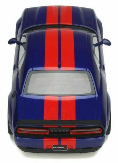 A scale model of blue Dodge Challenger Super Stock with 2 red stripes down center from front to back