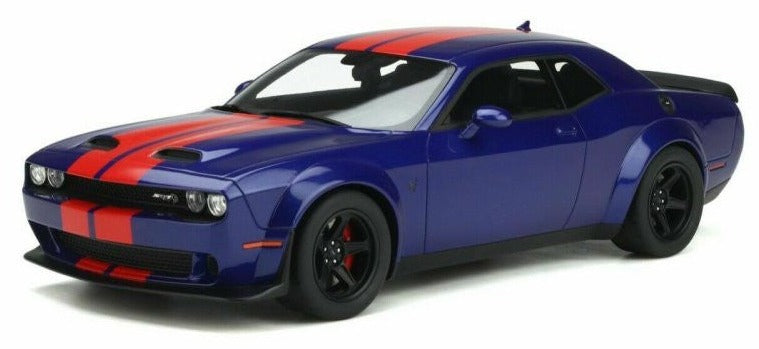 A scale model of blue Dodge Challenger Super Stock with 2 red stripes down the hood and roof.
