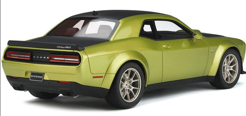 1/18 scale model of a green Dodge Challenger R/T Scat Pack Widebody.