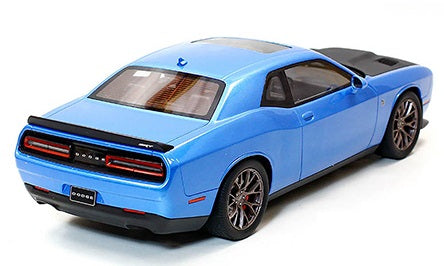 A 1/18 scale resin model of a blue Dodge Challenger Hellcat with black hood.