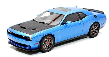 A 1/18 scale resin model of a blue Dodge Challenger Hellcat with black hood.