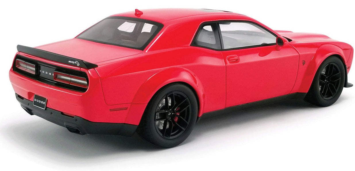 A 1/18 scale resin model of a red 2019 Dodge Challenger SRT Hellcat Redeye Widebody.