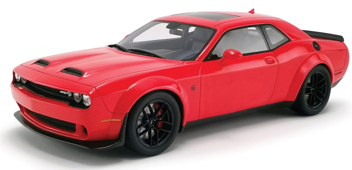 A 1/18 scale resin model of a red 2019 Dodge Challenger SRT Hellcat Redeye Widebody.