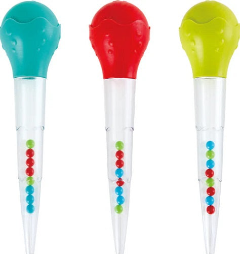 Three bead filled droppers in color choices blue, red, and green.