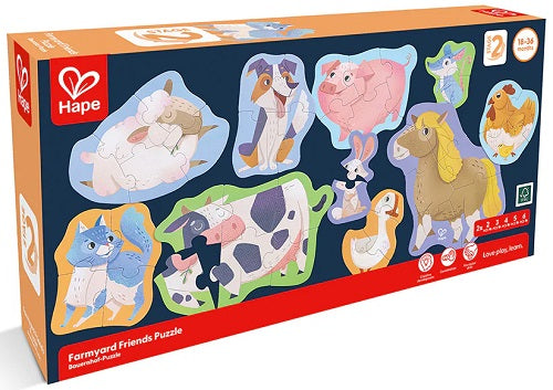 Hape Farmyard Friends puzzle packaging with illustrations of farm animals.