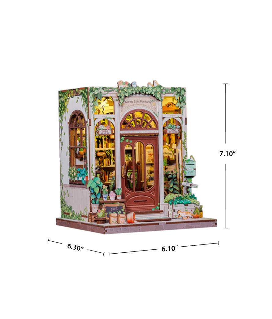 Assembled Green Life Bookshop with dimensions labeled.