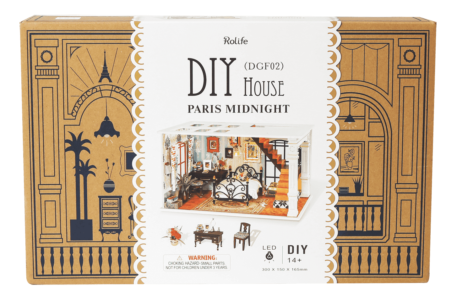 Rolife DIY House Paris Midnight packaging with architectural design elements.