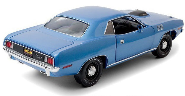 A 1/18 scale model of a blue 1971 Plymouth HEMI 'Cuda.