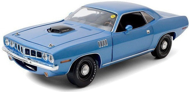 A 1/18 scale model of a blue 1971 Plymouth HEMI 'Cuda.