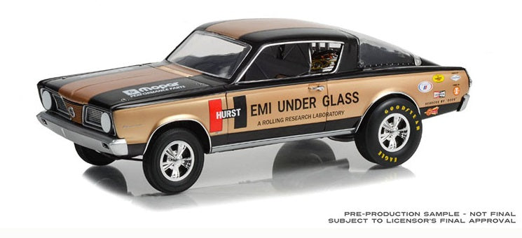 1/18 scale model of a 1966 Plymouth Barracuda Hurst HEMI Under Glass with tan and black coloring and has 'HEMI UNDER GLASS' livery.