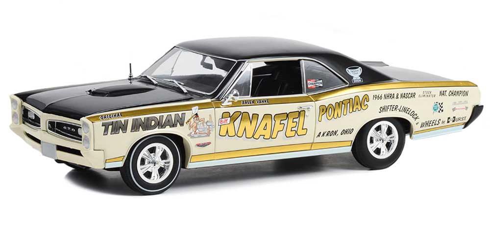 1/18 scale model of a 1966 Pontiac GTO Tin Indian in black and cream with gold stripes and lettering.