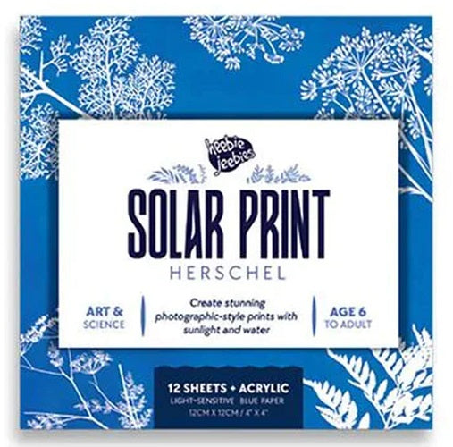 Packaging for Herschel Solar Print 4" craft kit, featuring botanical illustrations and product information.