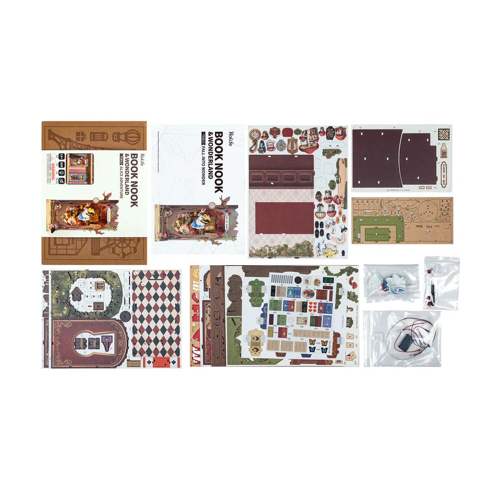 Collection of the pieces included int he Fall into Wonder book nook kit.