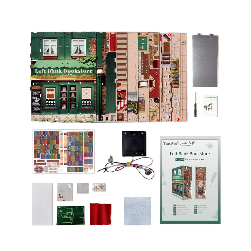 Collection of the pieces to build Left Bank Bookstore book nook kit.