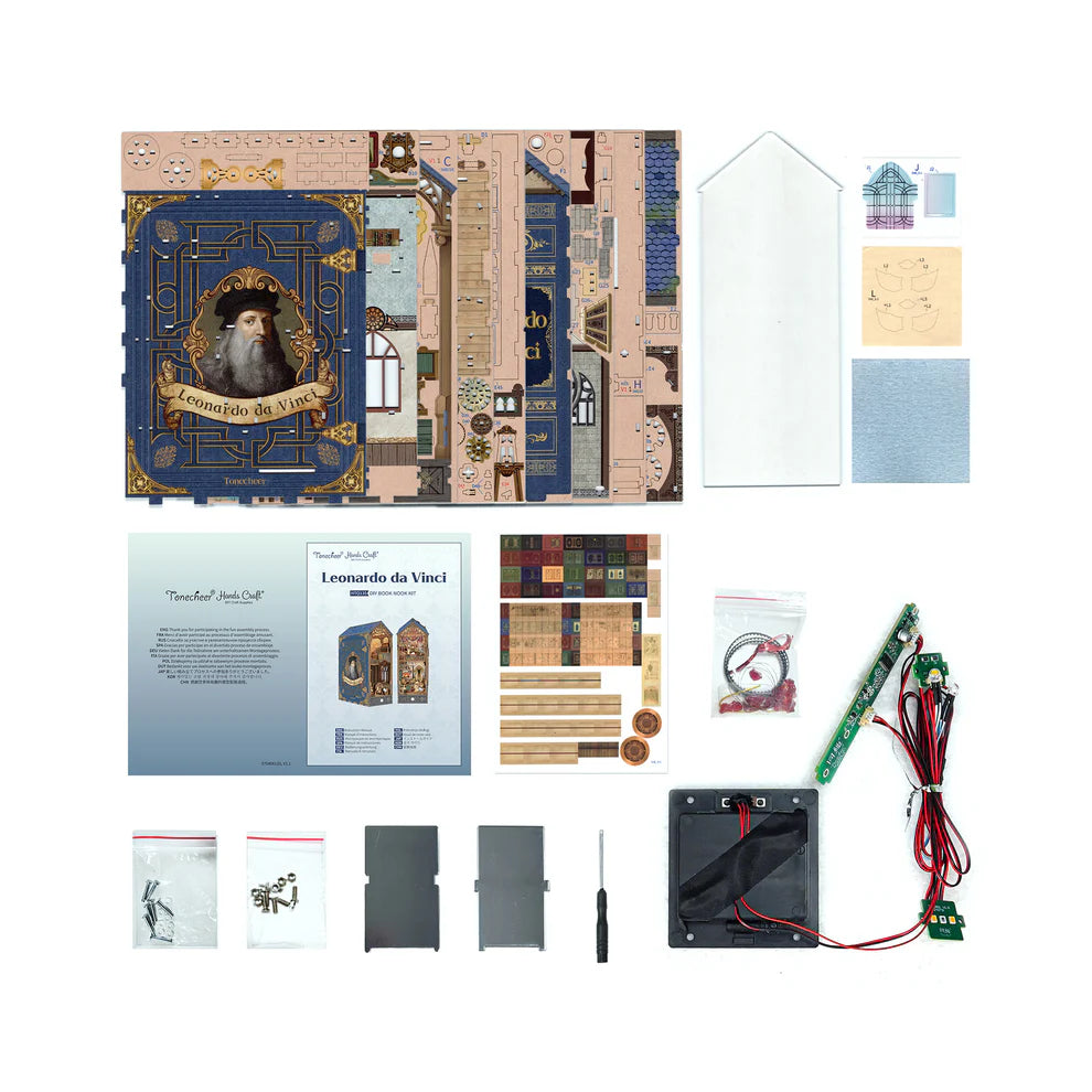 Collection of the pieces to build Leonardo da Vinci Book nook kit.