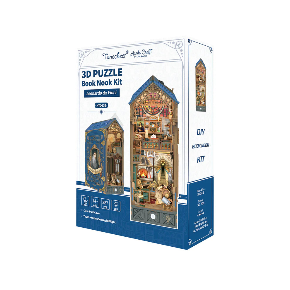 Packaging for Leonardo da Vinci book nook kit.