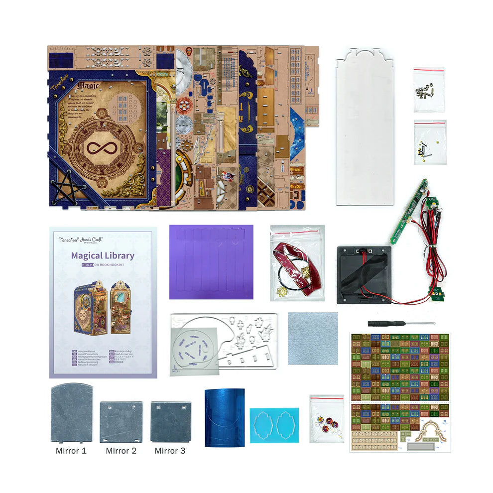 Collection of the pieces included in the Magical Library Book nook kit.