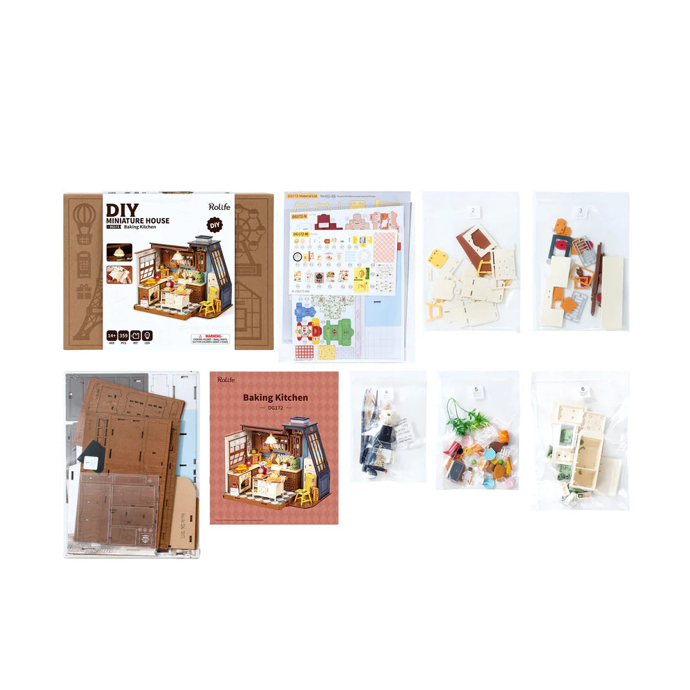 Collection of the items included in the Baking Kitchen diorama kit.