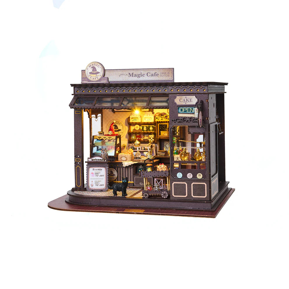 Assembld Magic Cafe kit showing the lights on inside.