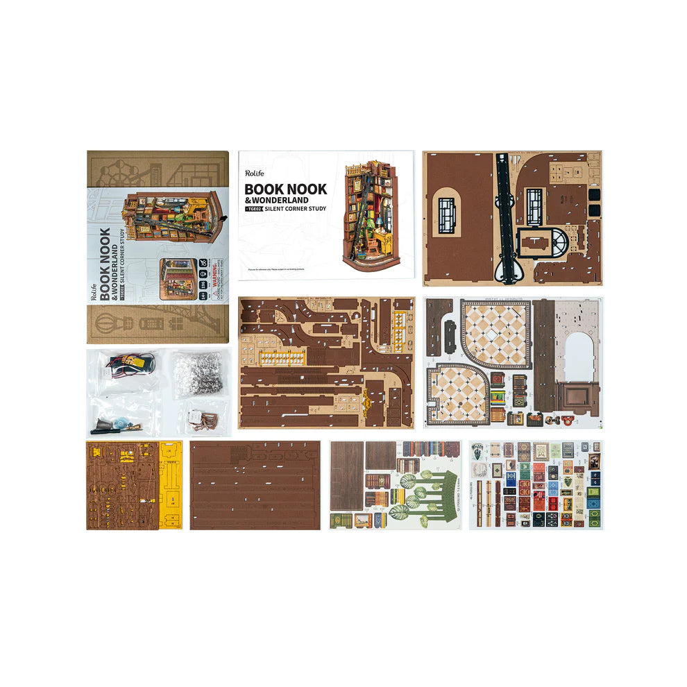 Collection of pieces included in Silent Corner Study book nook kit.