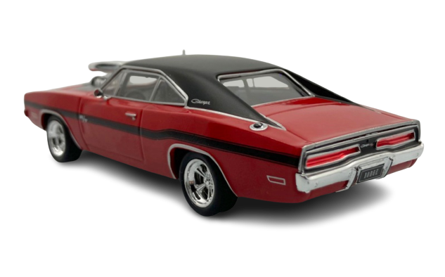 1/43 scale model of a Dodge Charger R/T red in color with black stripes.