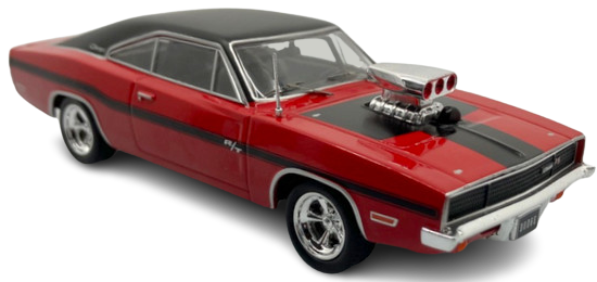 1/43 scale model of a Dodge Charger R/T red in color with black stripes.