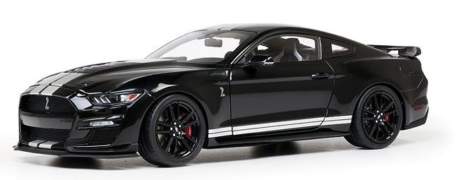Scale model of Shelby Mustang in black with white stripes