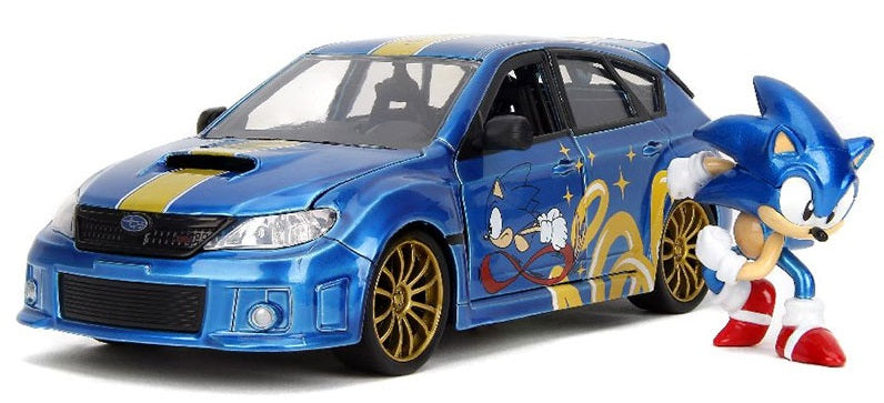 1/23 scale model of a Subaru Impreza with a Sonic the Hedgehog figure.