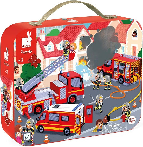 Carrying box for kids puzzle of fire trucks putting out a fire.