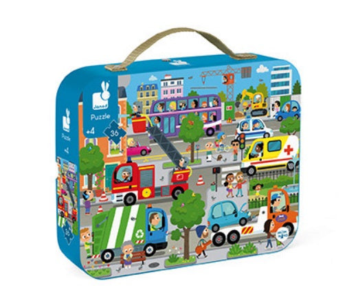 Carrying box for children's puzzle with city scene