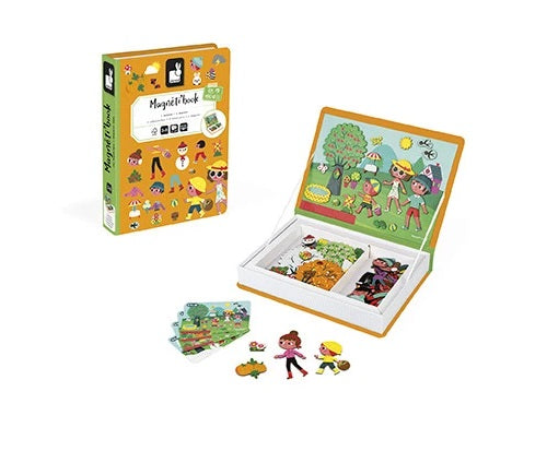 Magnetic playset with people and accessories themed for the different seasons.