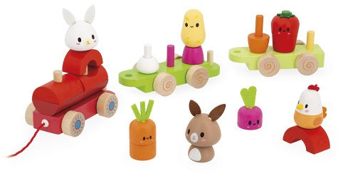 Colorful wooden stacking toy in the shape of a train with vegetables and animals.