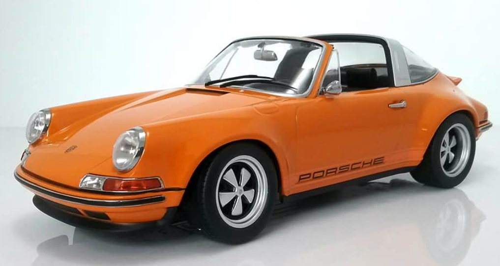 1/18 scale model of an orange Porsche Singer Targa.
