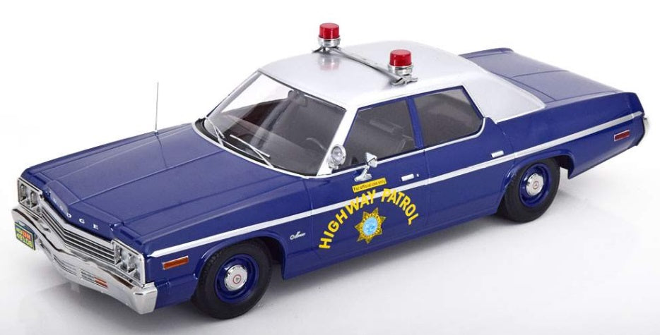 A 1/18 scale model of a 1974 Dodge Monaco Nevada Highway Patrol car in blue and white color.