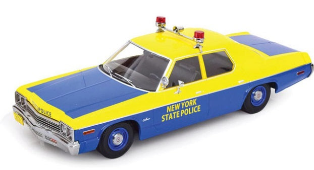 A 1/18 scale model of a 1974 Dodge Monaco NY State Police car in yellow and blue colors with red lights on roof.