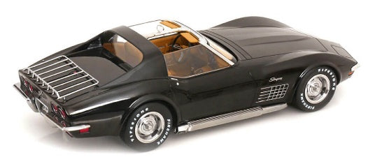 A 1/18 scale model of a 1972 Chevrolet Corvette C3 in black color.