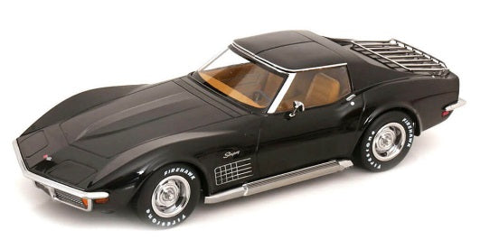 A 1/18 scale model of a 1972 Chevrolet Corvette C3 in black color.