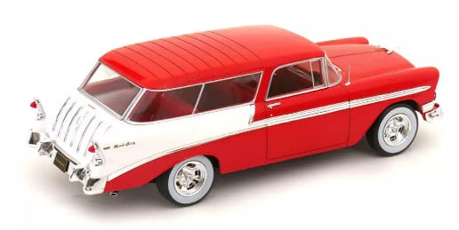 A 1/18 scale model of a 1956 Chevy Bel Air Nomad in red and white color.
