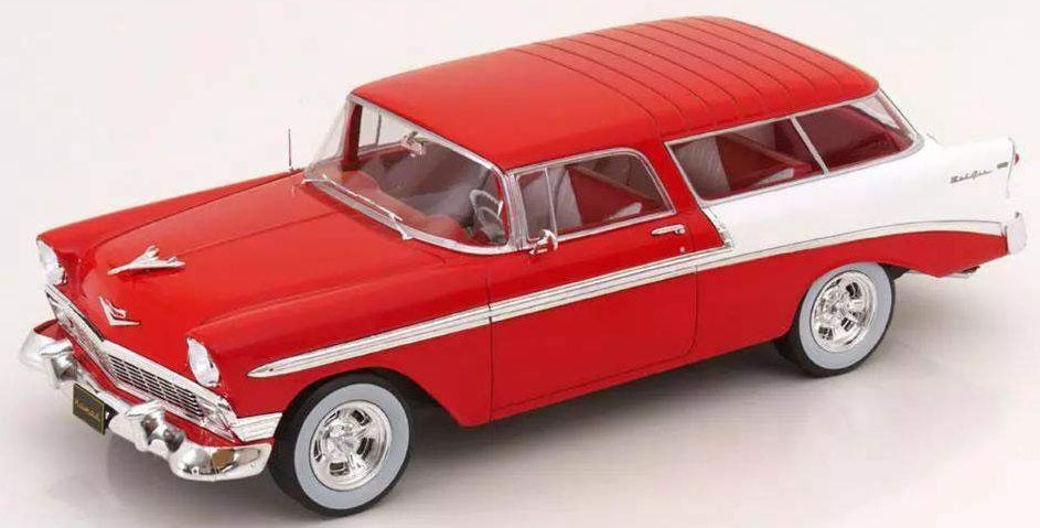 A 1/18 scale model of a 1956 Chevy Bel Air Nomad in red and white color.