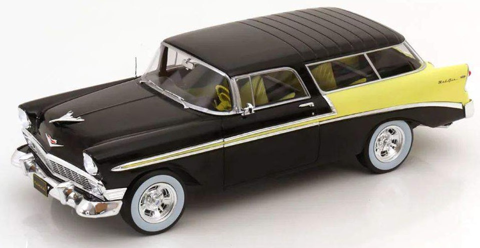 A 1/18 scale model of a 1956 Chevy Bel Air Nomad in black and yellow color.